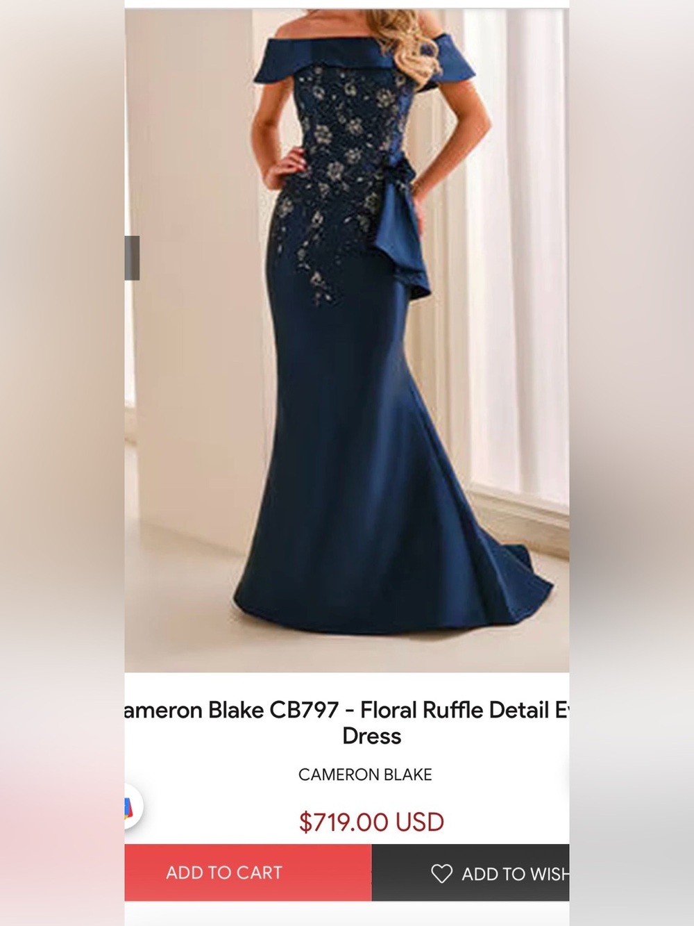 Navy Floral Ruffle Detail Evening Dress